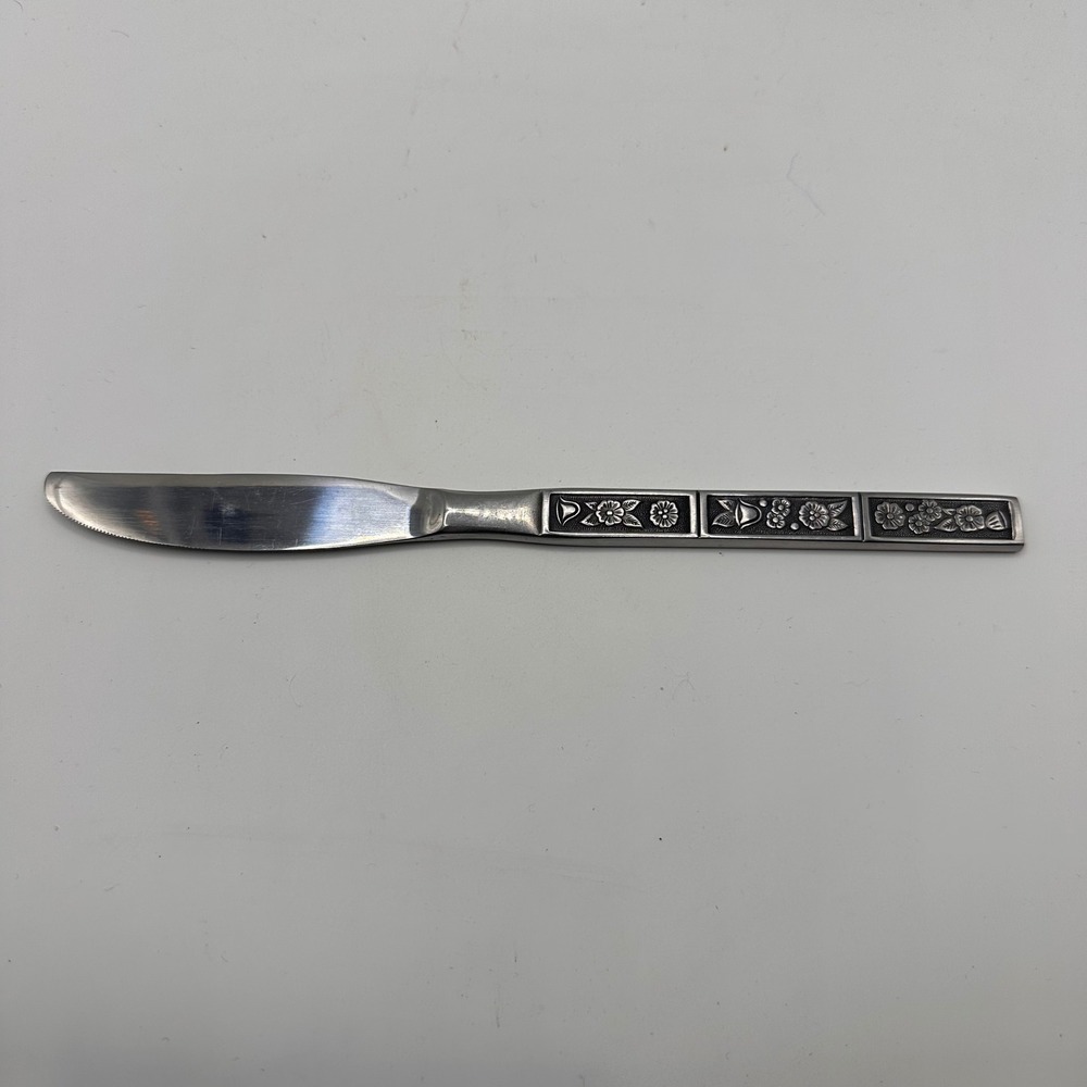 Vintage‎ Floral Panel Stainless Steel Dinner Knife Made in Korea Serrated Edge